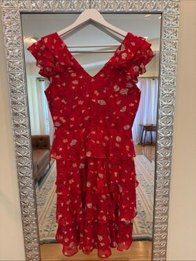 Red Floral Ruffle Mini Dress with V-Neck and Tiered Skirt